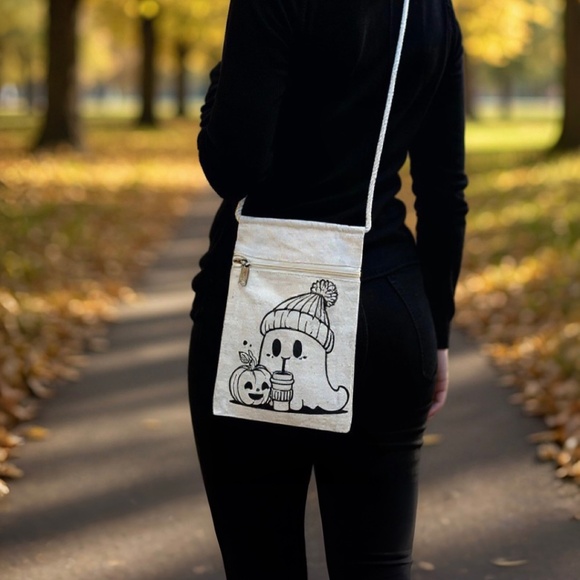 Ghost Coffee Pumpkin Crossbody Bag – Cute Fall Spooky Purse, Halloween Themed - Picture 1 of 3